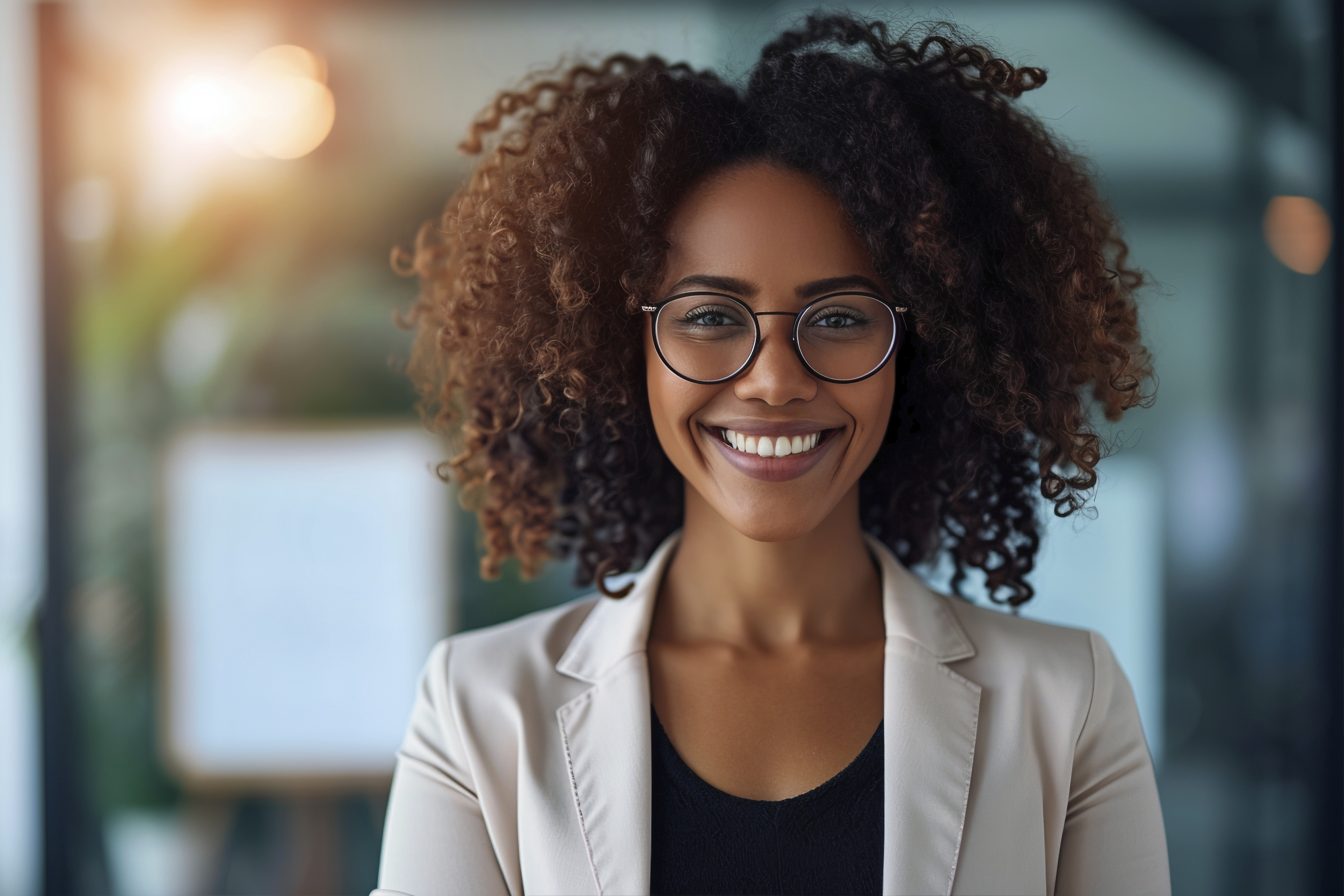 Smiling businesswoman in a bright office